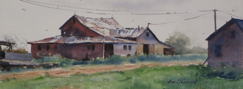 landscape, rural, shed, farm, barn, desolate, rickety, abandoned, run-down, lonely, original watercolor painting, oberst